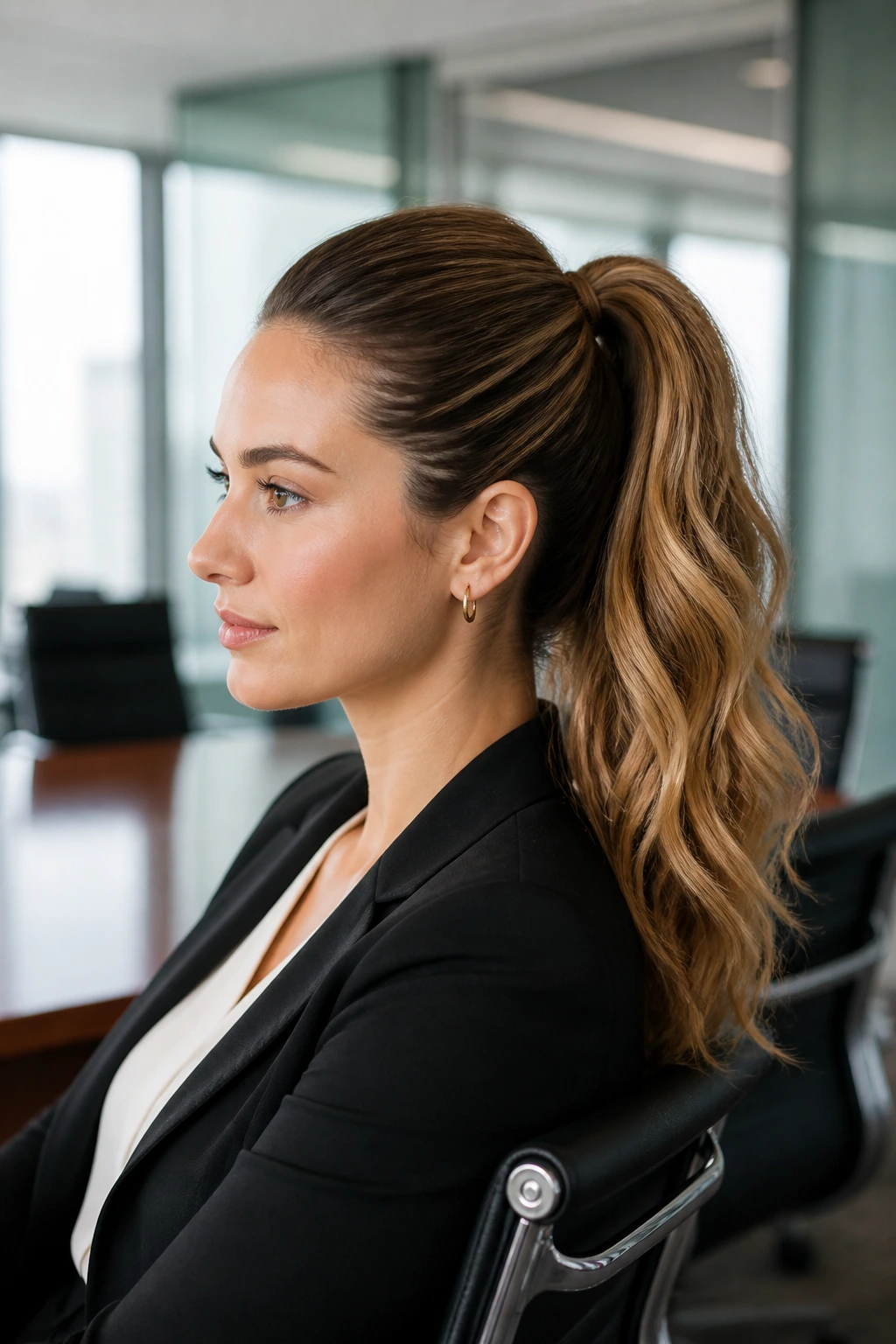 Medium close-up of a woman with a sleek crown pony and soft beach waves in a boardroom setting