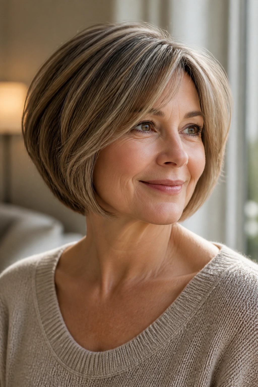 Close-up portrait of a woman over 50 with a soft rounded bob featuring babylights in warm light