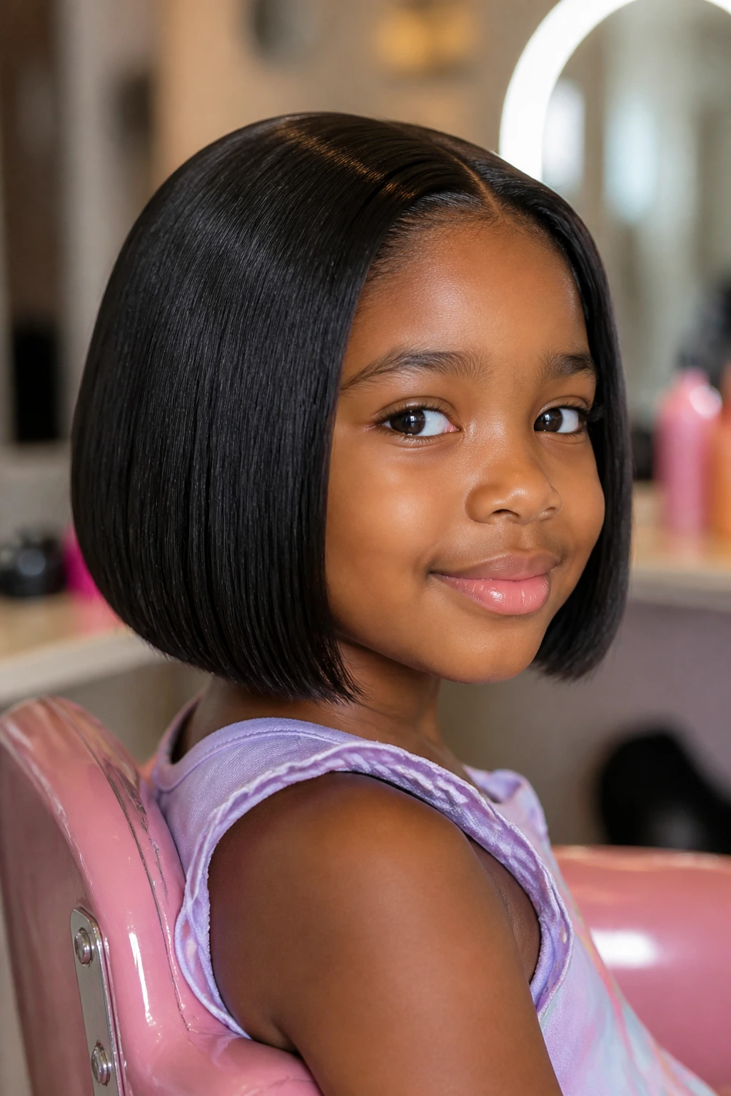 Child with chin-length blunt closure bob in a salon setting
