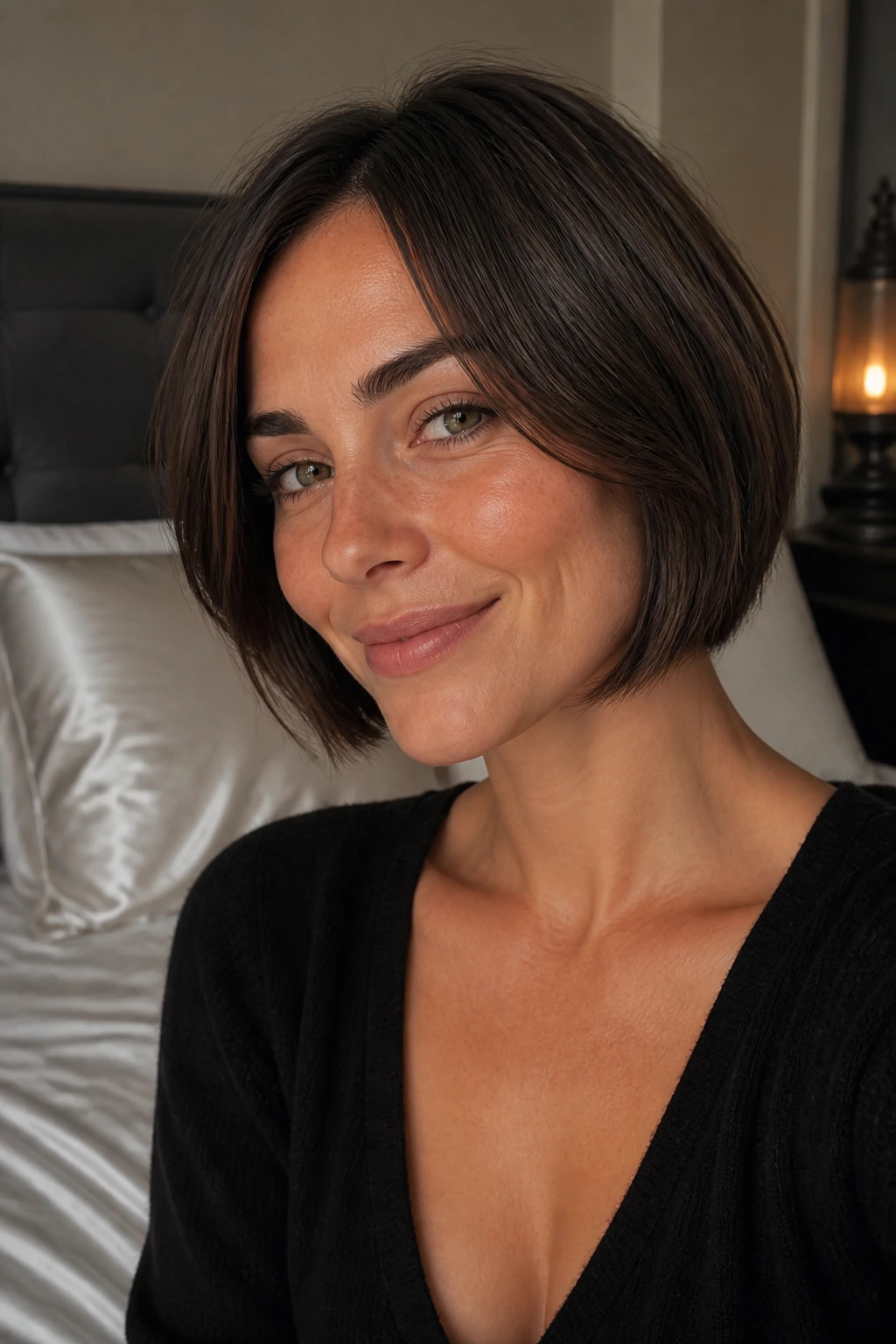 Portrait of a woman with a neat bob in a bedroom with satin pillowcase