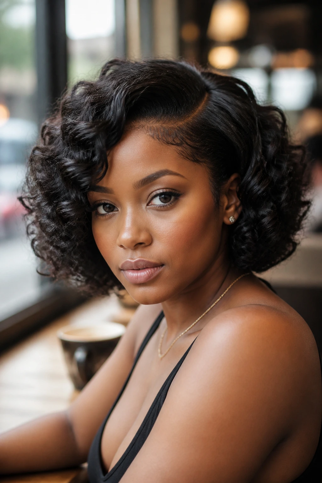 Close-up of a Black woman with a jaw-length chunky weave bob