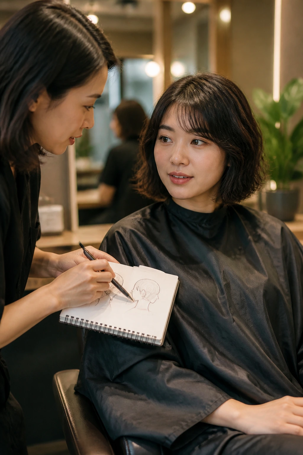 Real woman in a salon chair discussing bob cut details with her stylist.