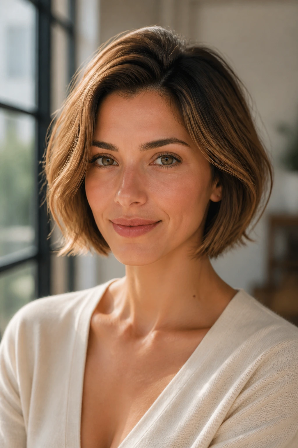 Portrait of a woman with a lifted crown bob in warm window light