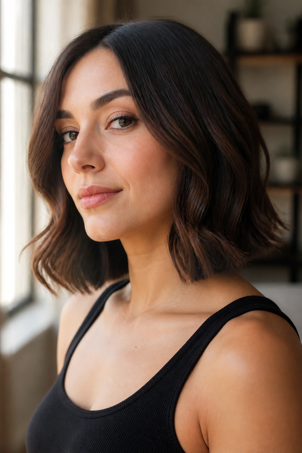Portrait of a woman with a medium straight bob and beachy waves