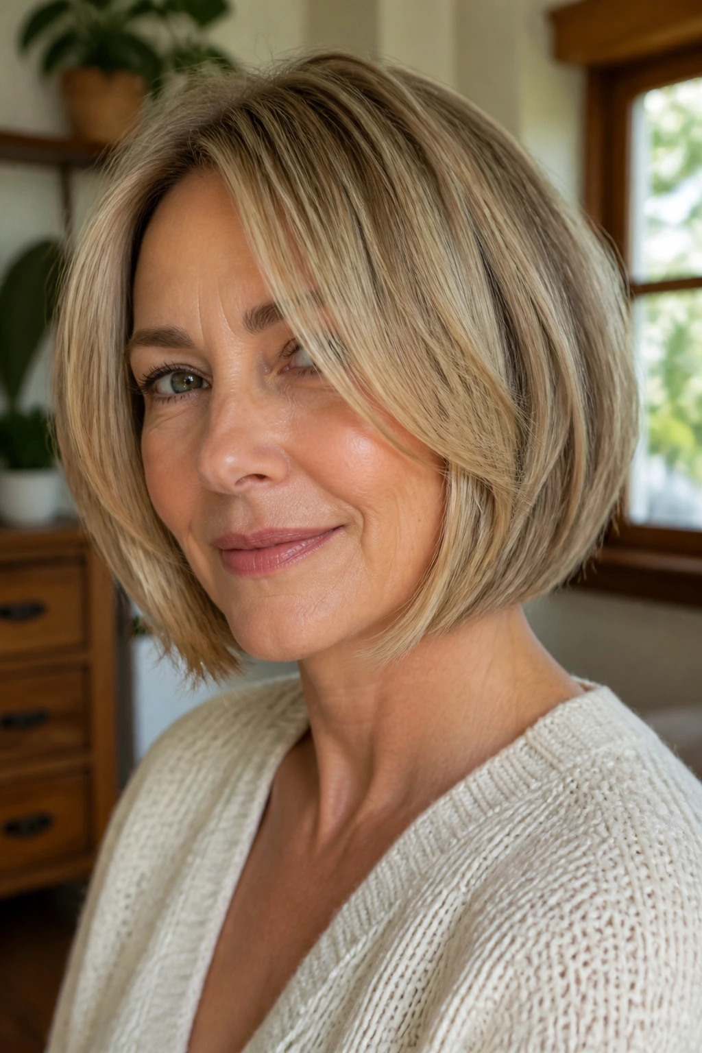 Portrait of a real woman with bob face-framing layers.