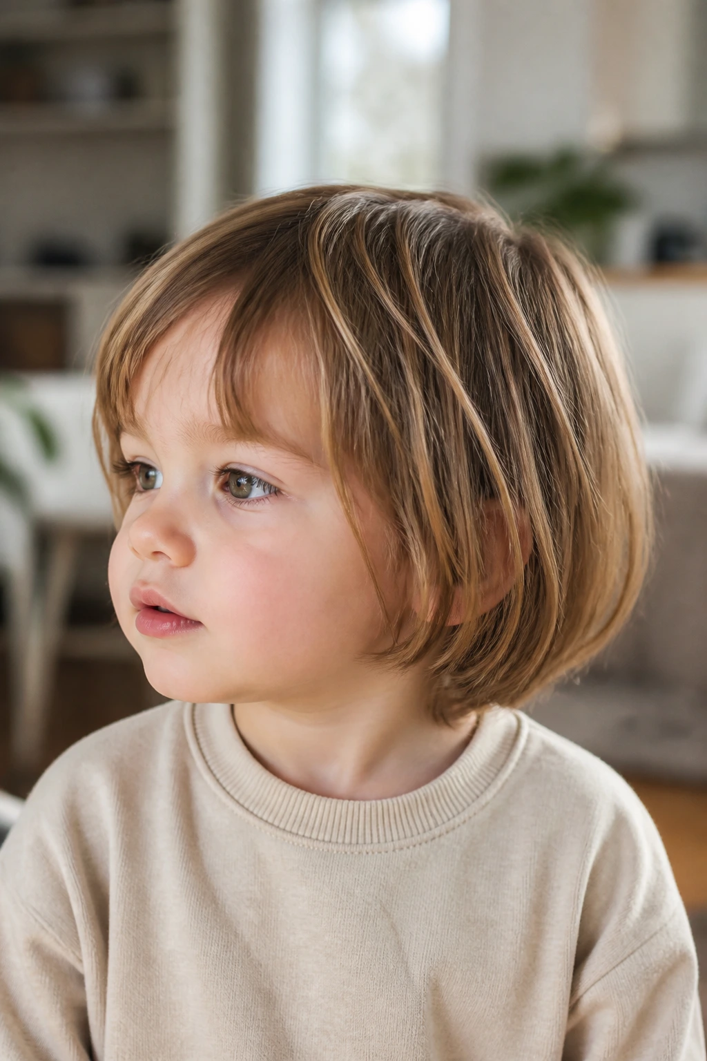 Close-up of toddler with bob skimming jaw and collar in a home setting