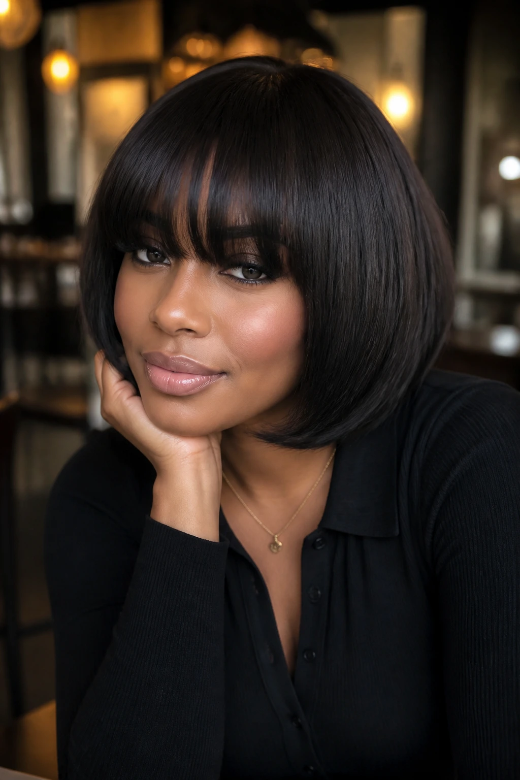 Close-up portrait of a real woman with Bob with Full Fringe showing a long soft fringe