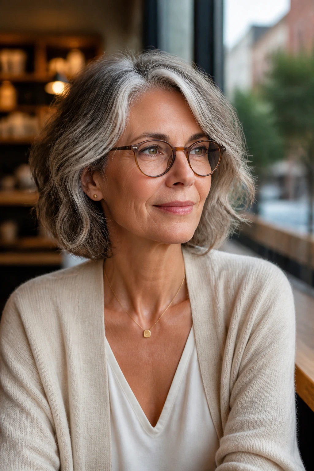 Real woman with bob and glasses wearing earrings in a cafe setting