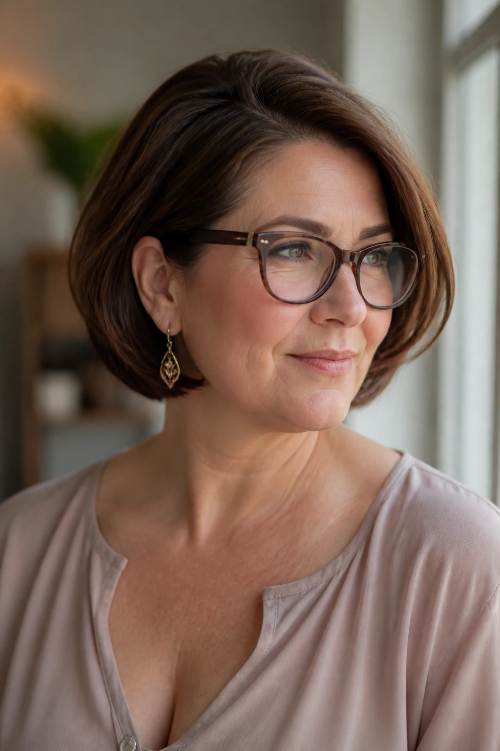 Portrait of a woman with a short bob, wearing glasses and earrings.