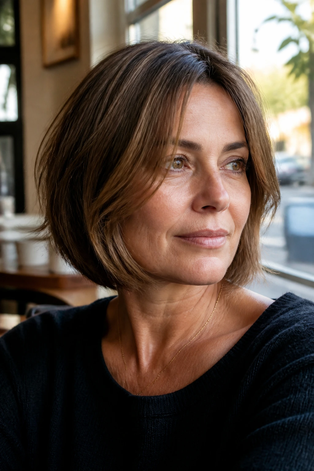 Portrait of a real woman with bob face-framing layers around the cheeks in natural light.