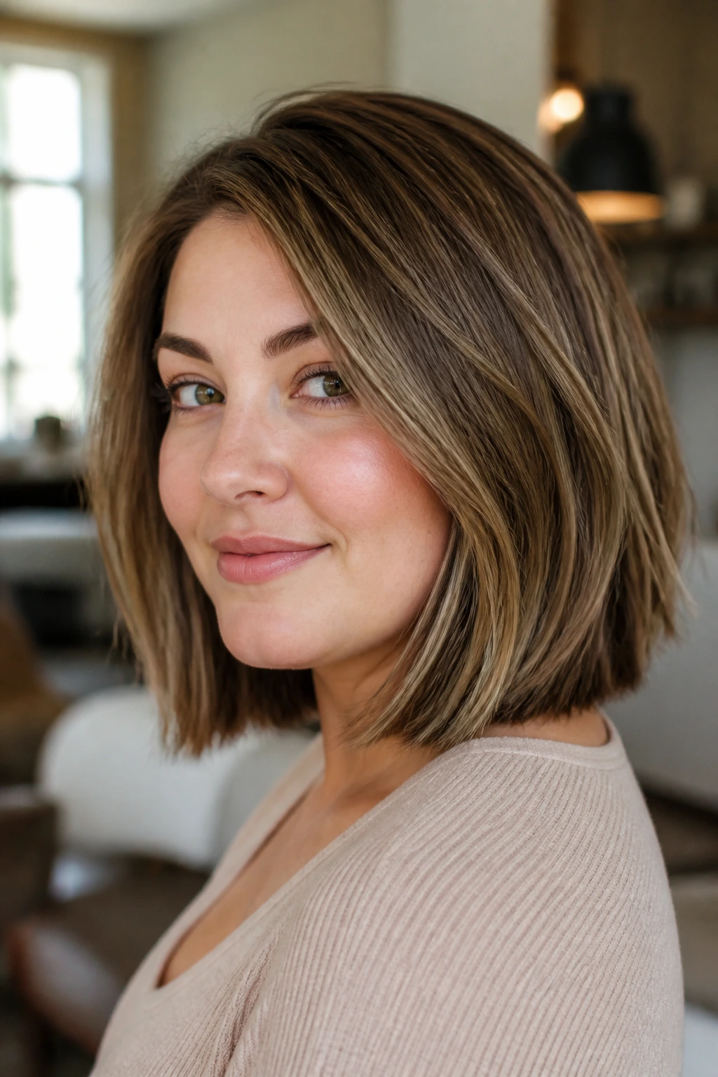 Close-up portrait of a real woman with a collarbone-length bob that flatters a round face, showing a clean perimeter and lifted crown.