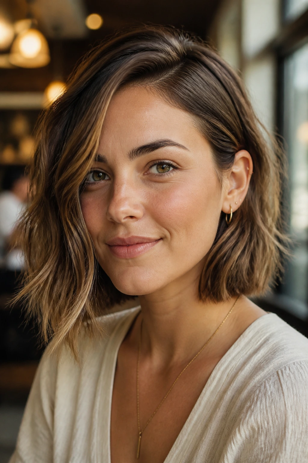 Close-up portrait of a real woman with chin-plus-two-inches bob tucked at one side in cafe light