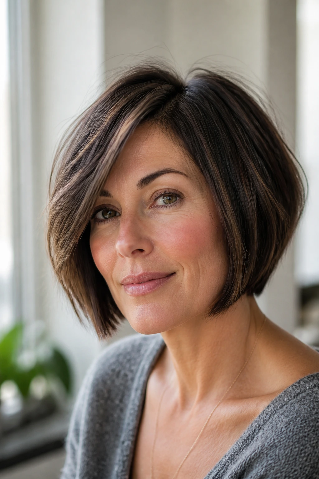 Portrait of a real woman with a short bob showing fine hair texture and lift.