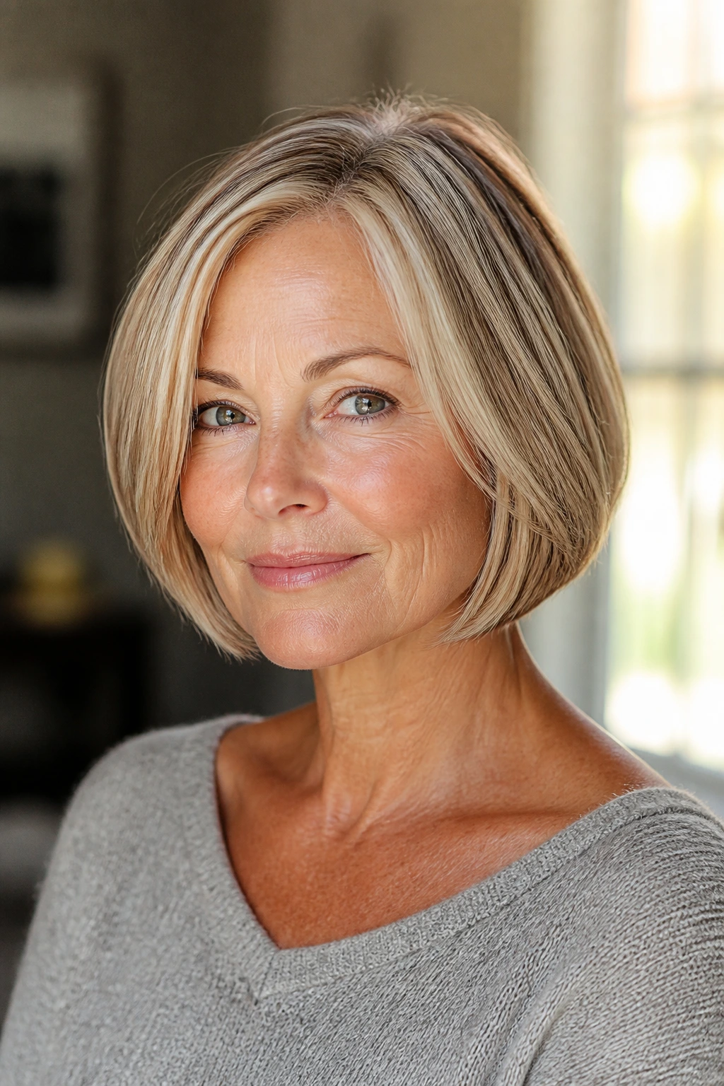 Portrait of a woman with chin-length bob and vanilla babylights.