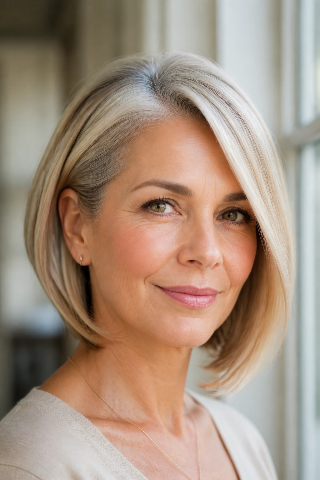 Close-up of a real woman with champagne-grey side-part bob