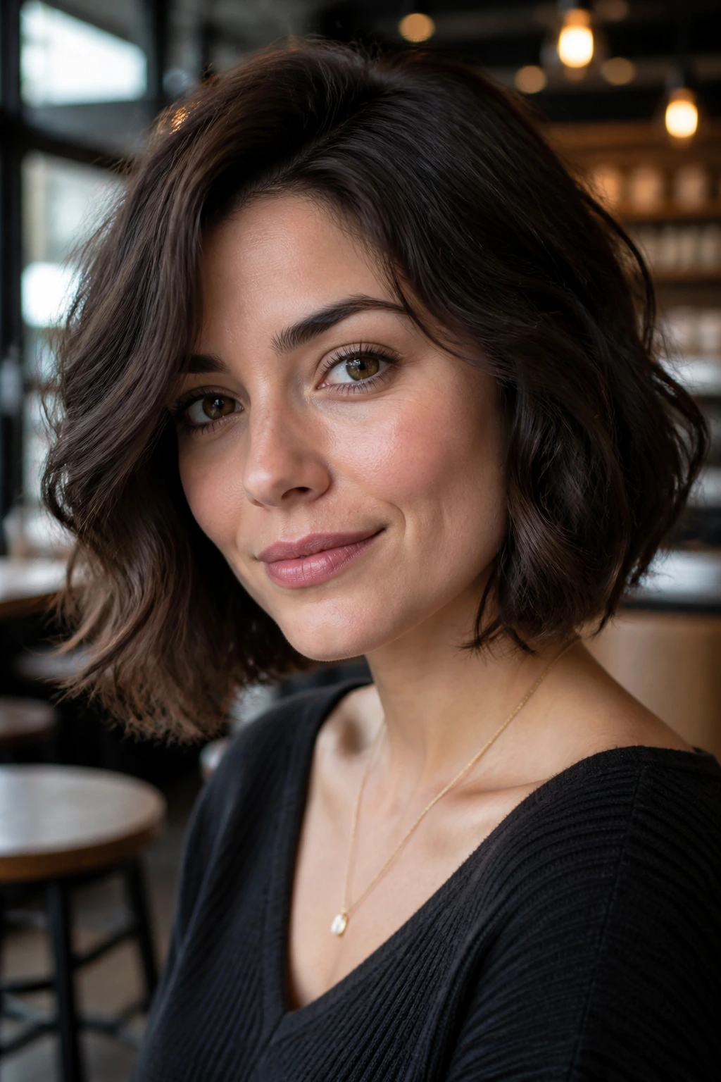 Portrait of a woman with a balanced wavy bob in warm cafe light