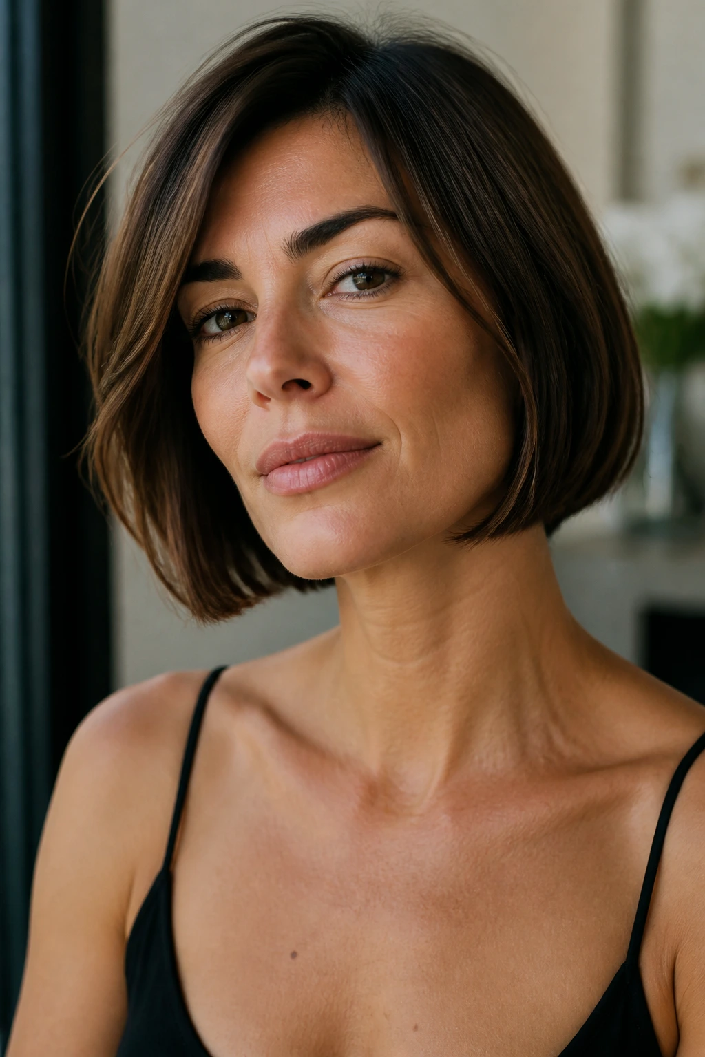 Portrait of a real woman wearing a jaw-framing bob.
