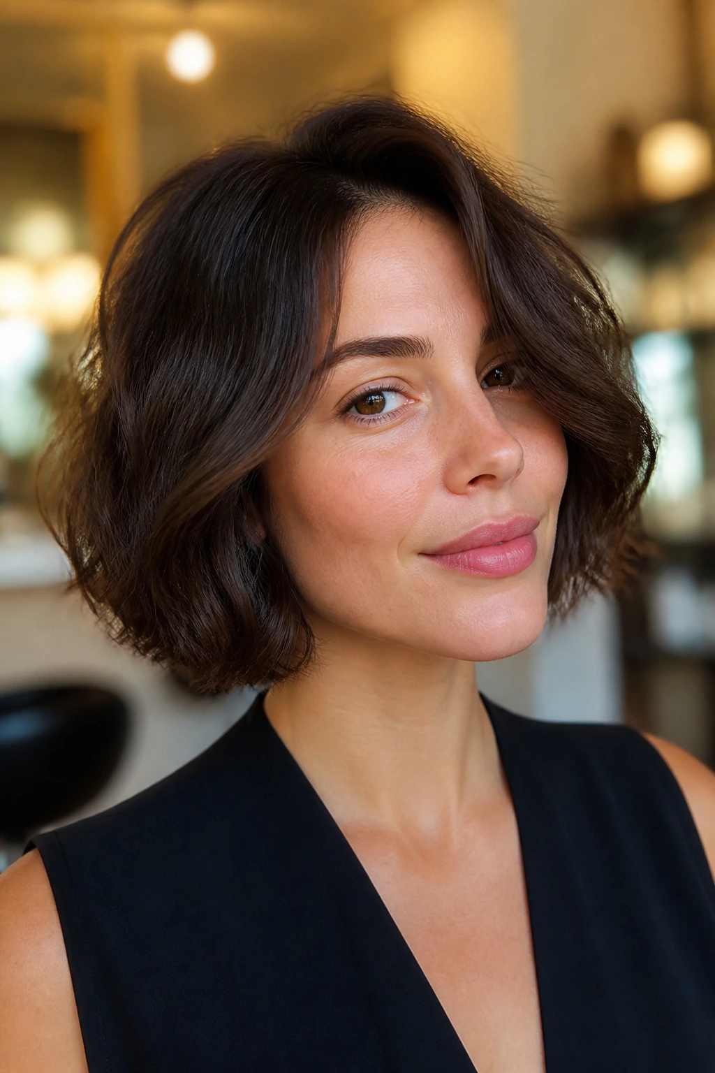 Close-up of a real person with a classic bob in a softly lit salon-like setting