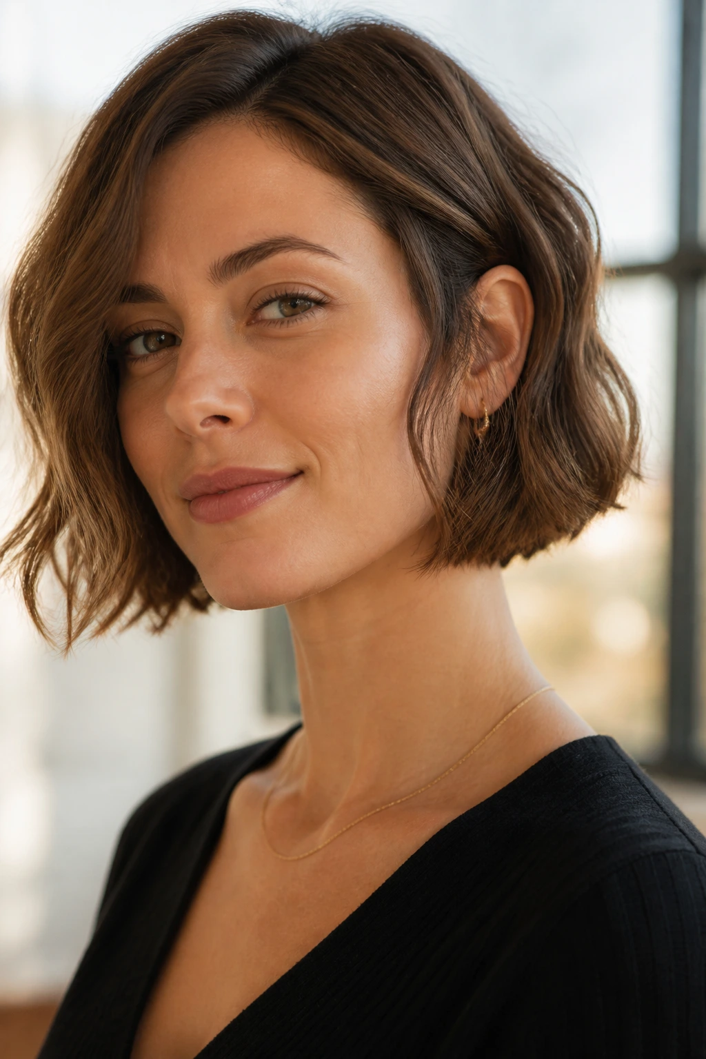 Portrait of woman with jaw-length wavy bob in natural light