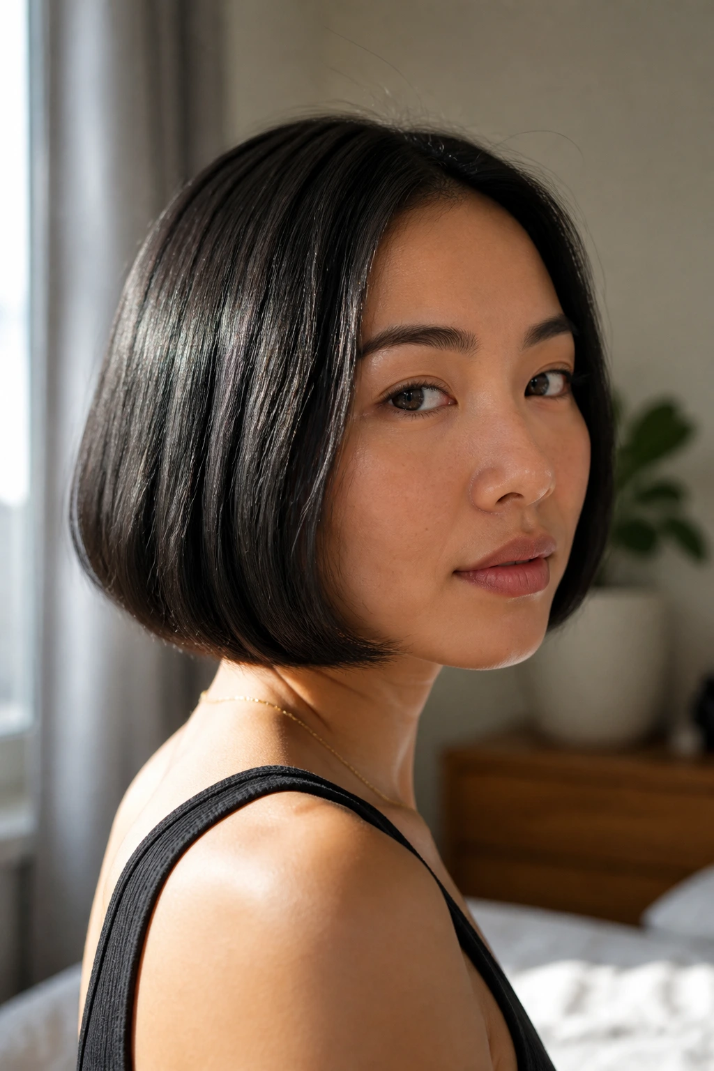 Close-up of real woman with sleek bob under warm window light.