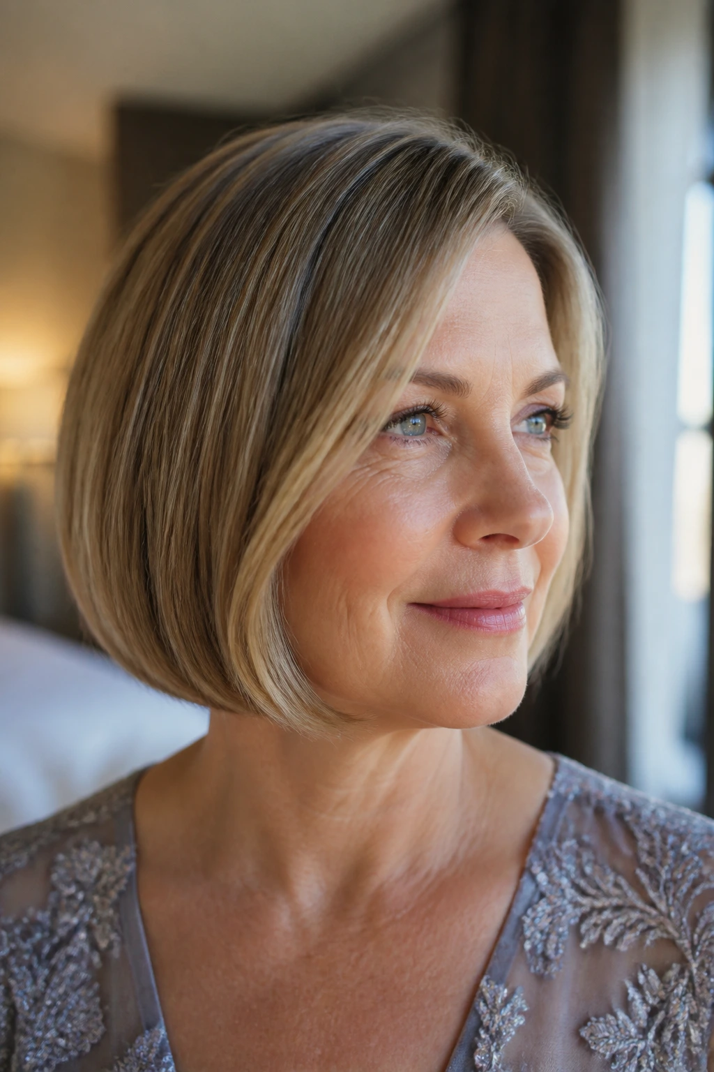 Close-up of a real woman with a glossy smooth rounded bob and subtle bend in warm hotel lighting