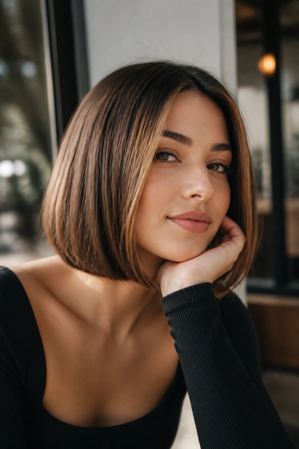 Close-up portrait of a real woman with a sleek bob highlighting face-lengthening front