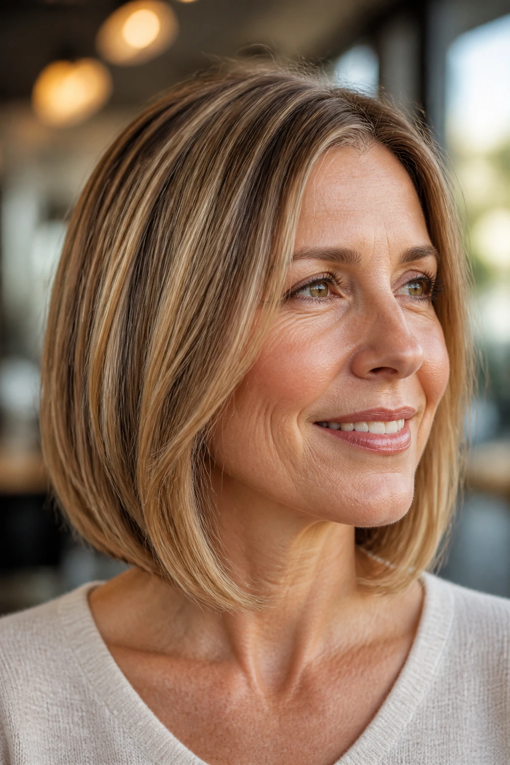 Real person with a structured shoulder-length bob and babylights