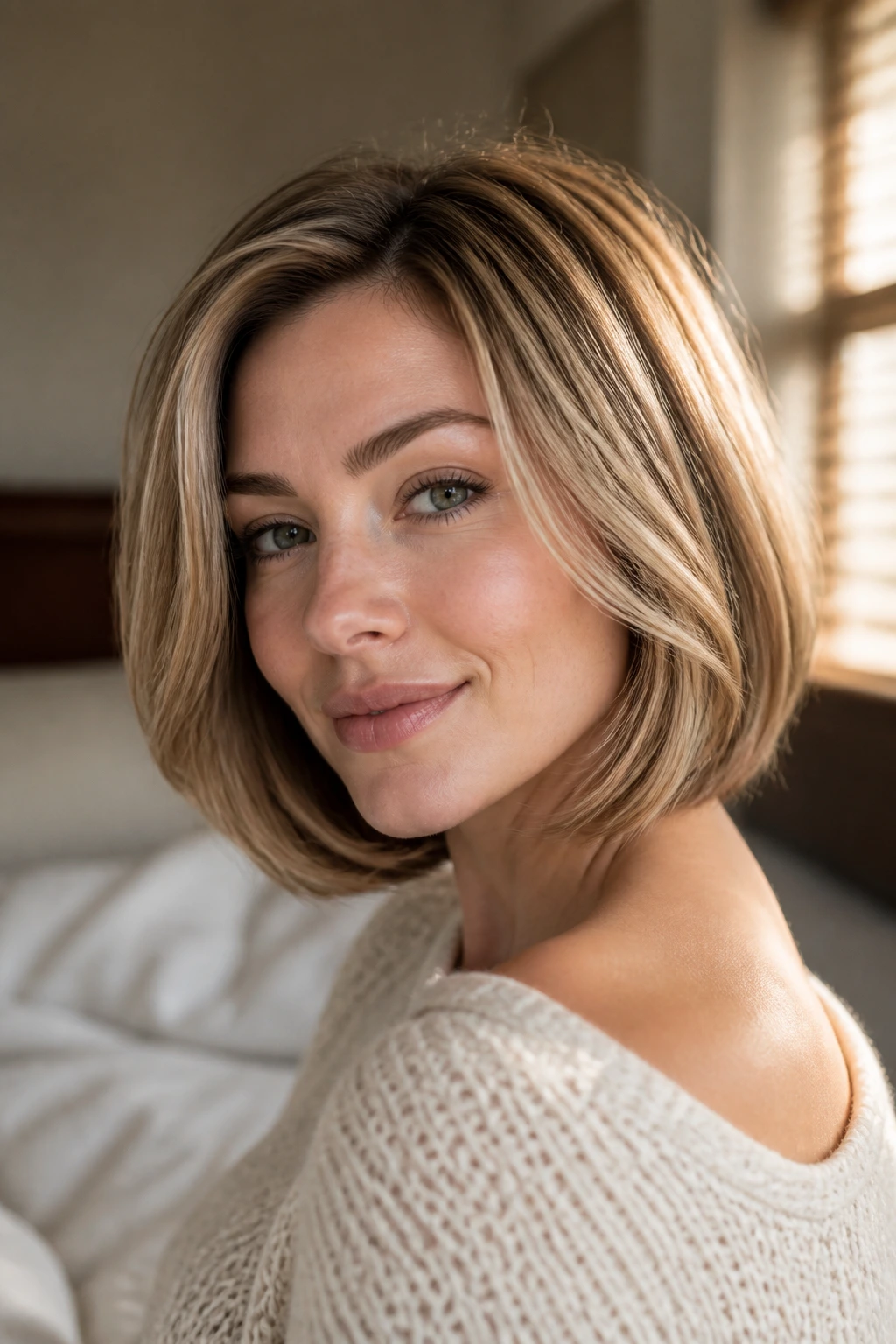 Portrait of a woman with a styled bob featuring a side part and soft bend
