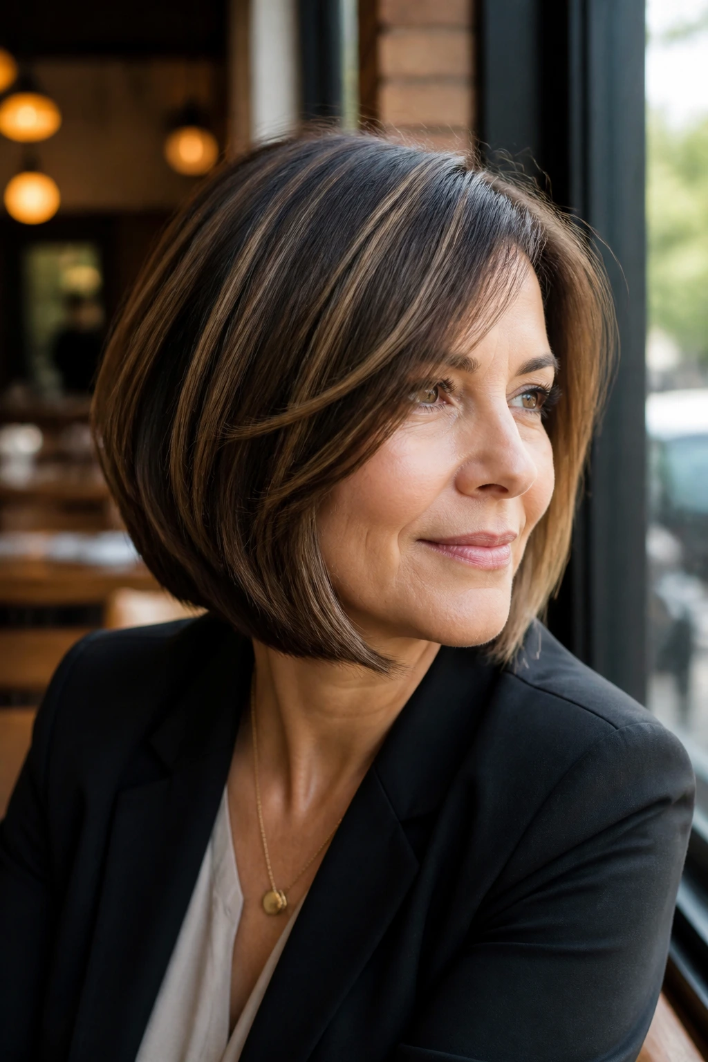 Woman with a polished bob featuring front highlights and deeper underneath