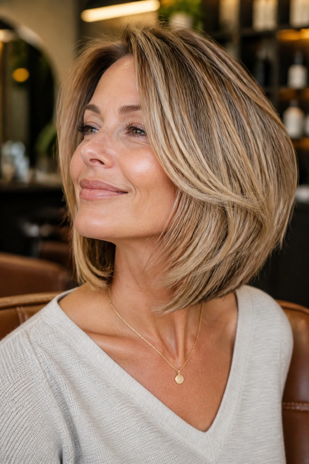 Portrait of woman with long face-framing layers around cheeks and jaw