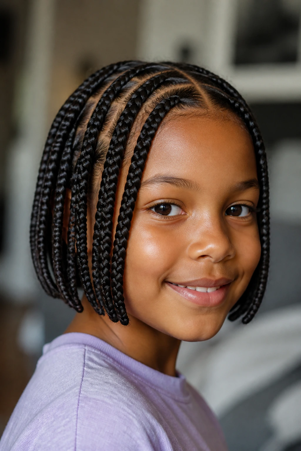 Close-up of chin-length bob cornrows on a child's head.