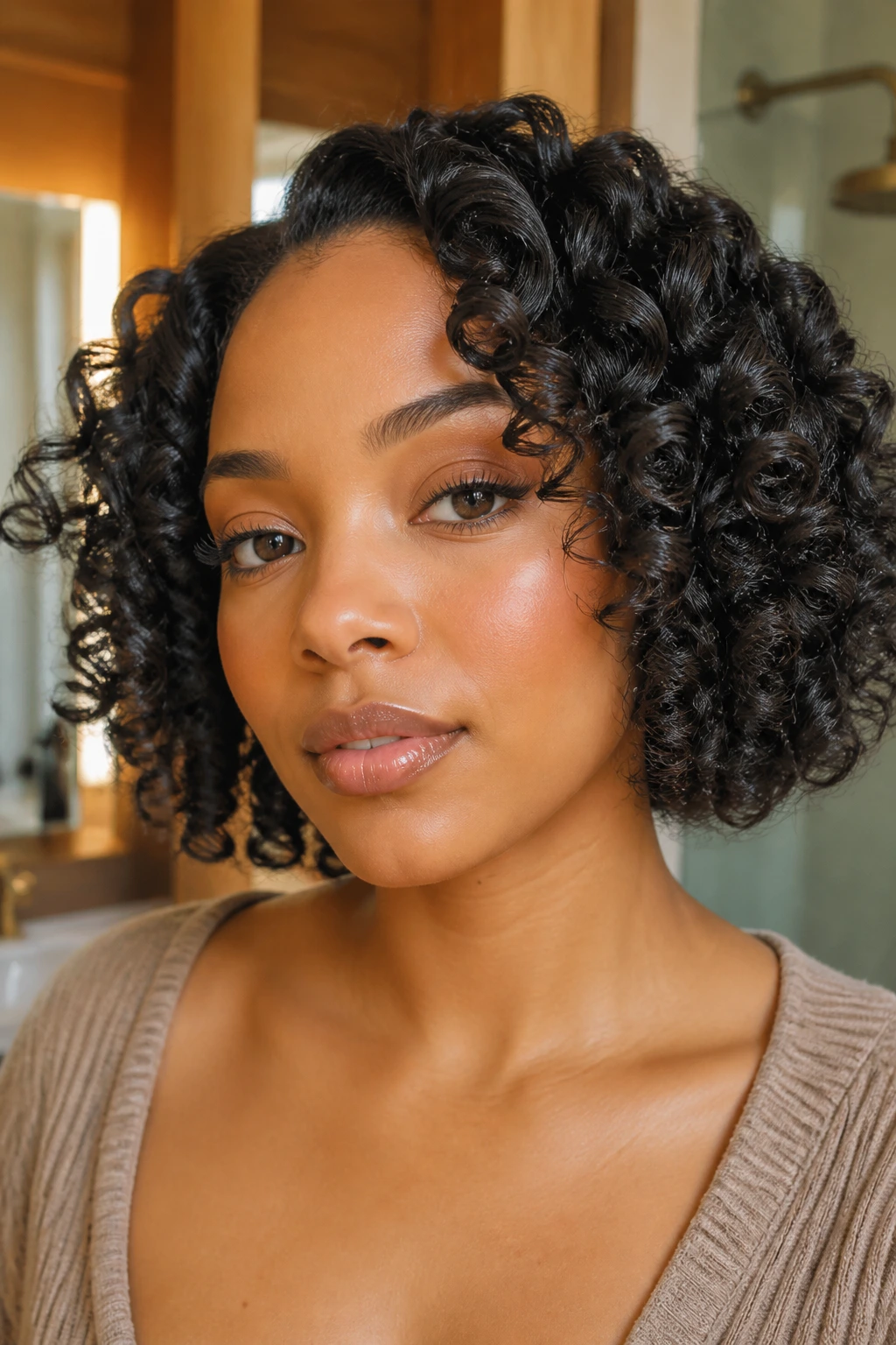 Close-up of a real woman with a bob-length flexi rod set and spiral curls.