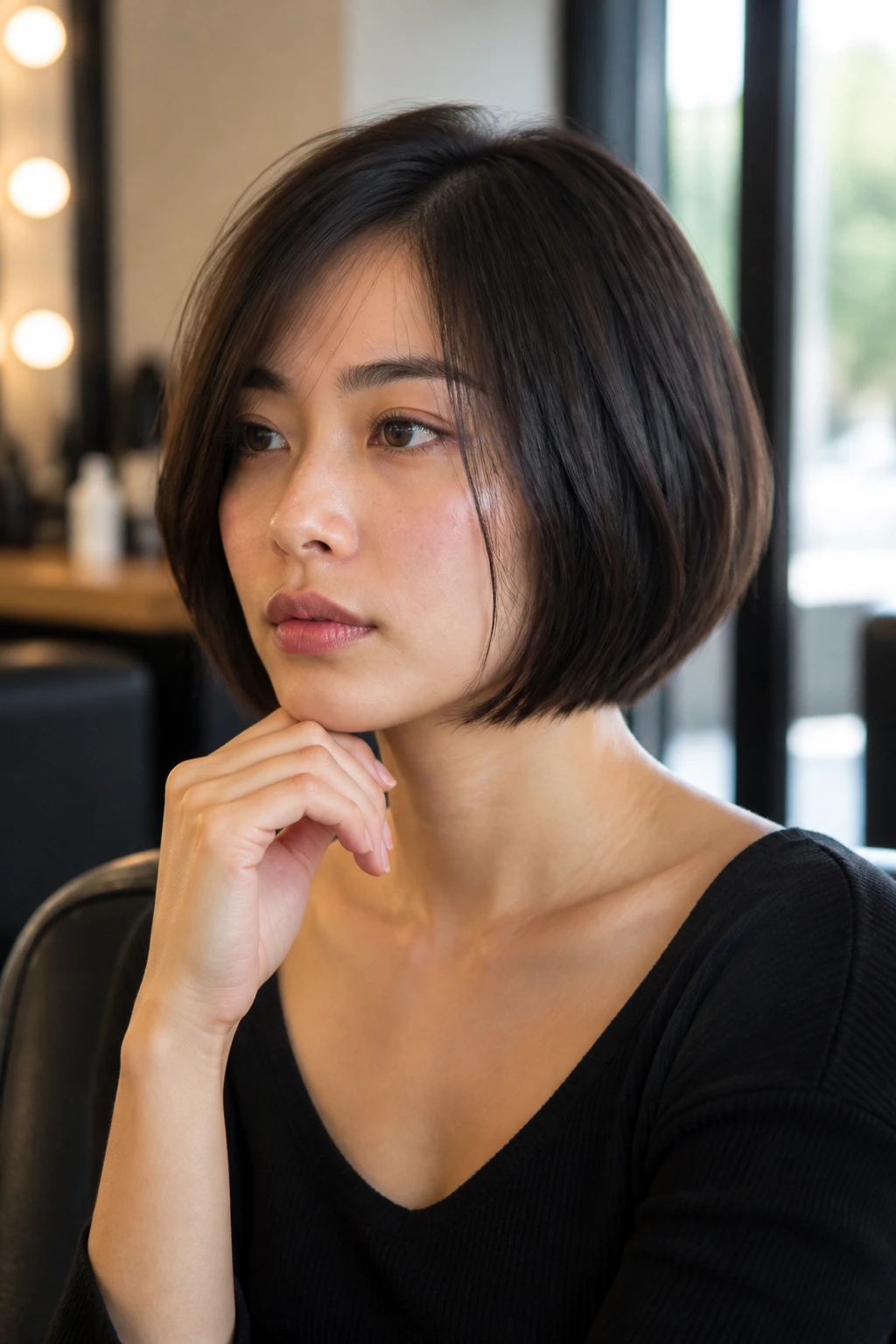 Portrait of a real person with chin-length bob looking thoughtful in a salon setting