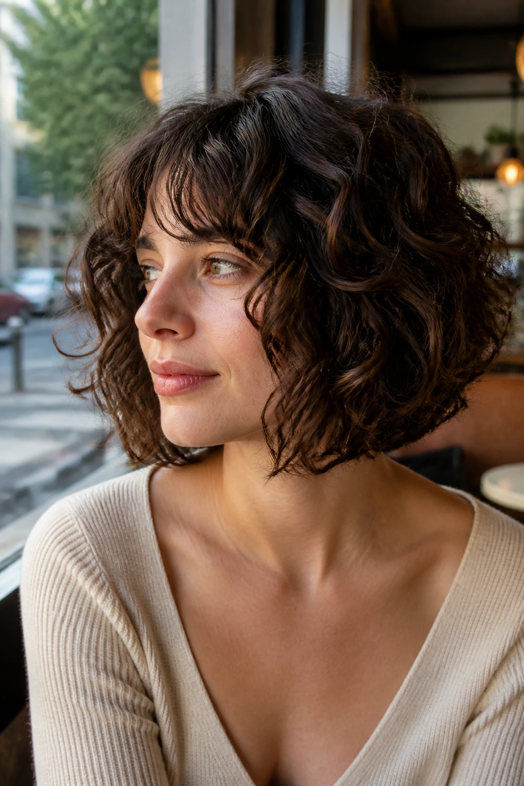 Medium-close portrait of a woman with collarbone-length French bob lob in cafe light