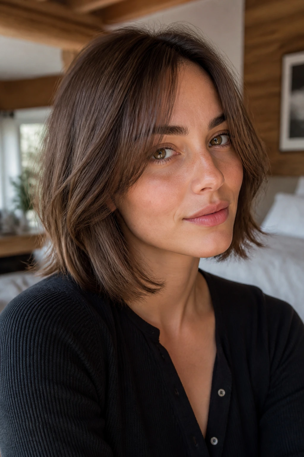 Close-up of a real woman with a bob and curtain bangs in a cozy bedroom.