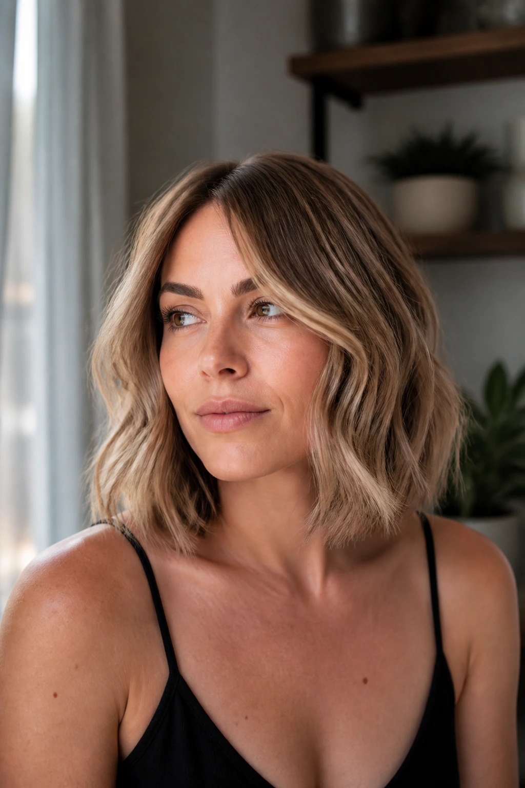 Real woman with soft wave bob-lob hybrid in natural daylight