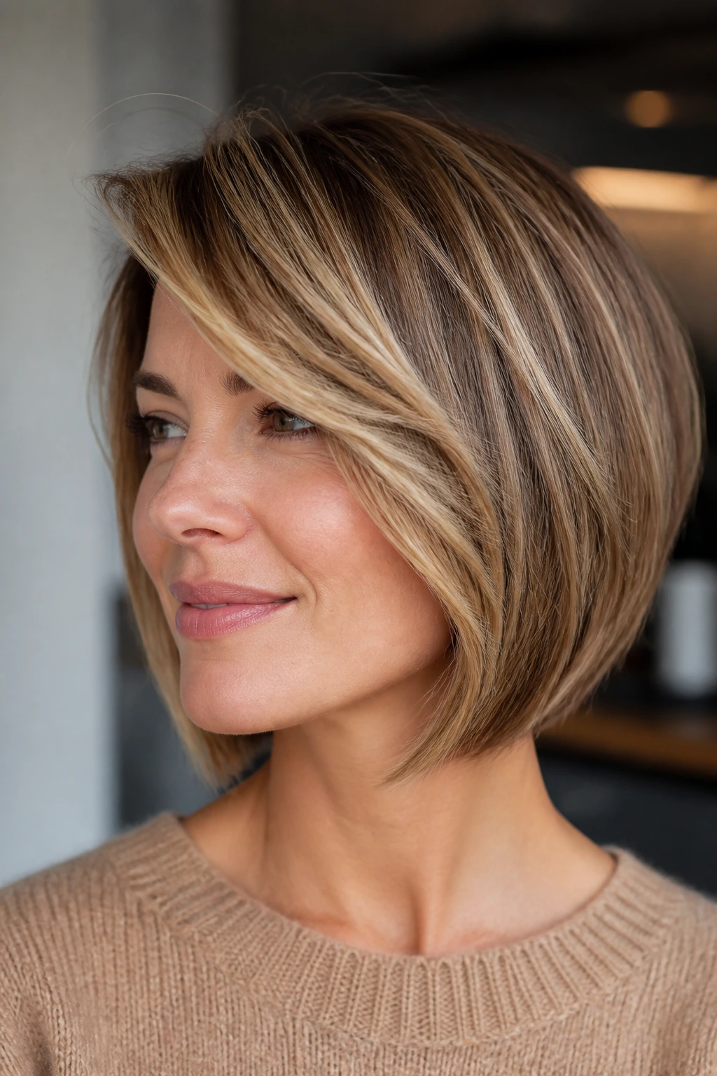 Real woman with a long side bang and dimensional caramel highlights in a soft-lit interior.