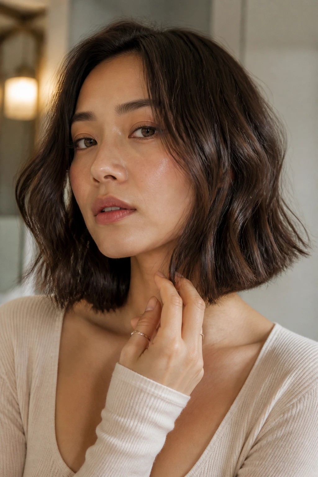 Close-up of a real woman maintaining a bob with crisp ends