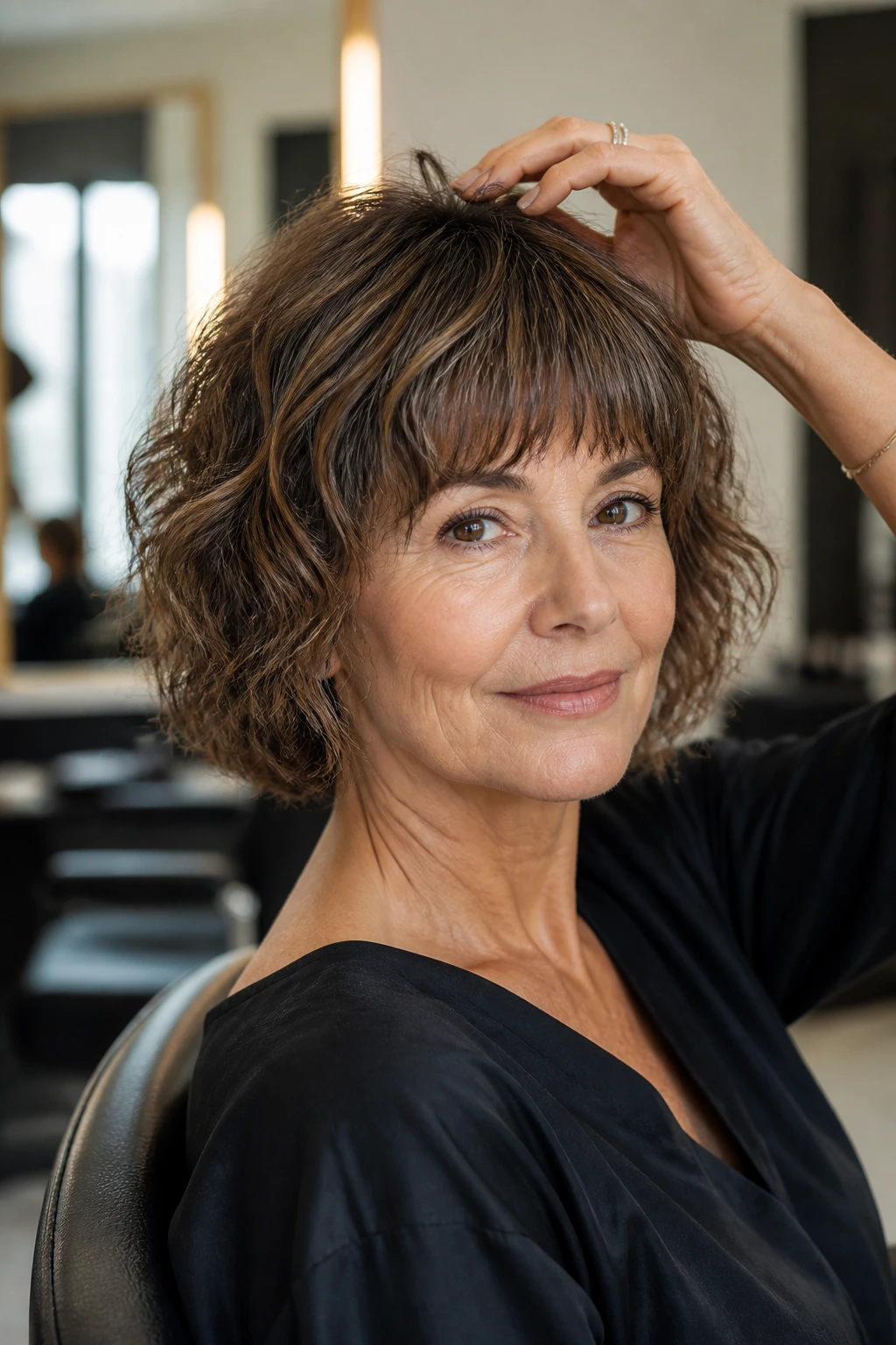 Real woman with wavy bob in salon chair demonstrates maintenance and grow-out tips