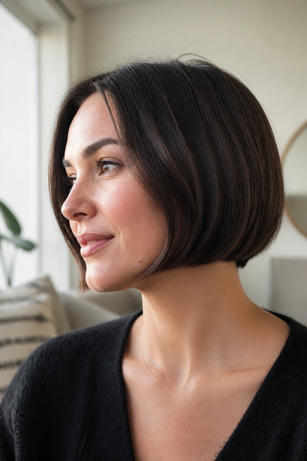 Close-up of a real woman with a crisp below-ear bob in a softly lit room