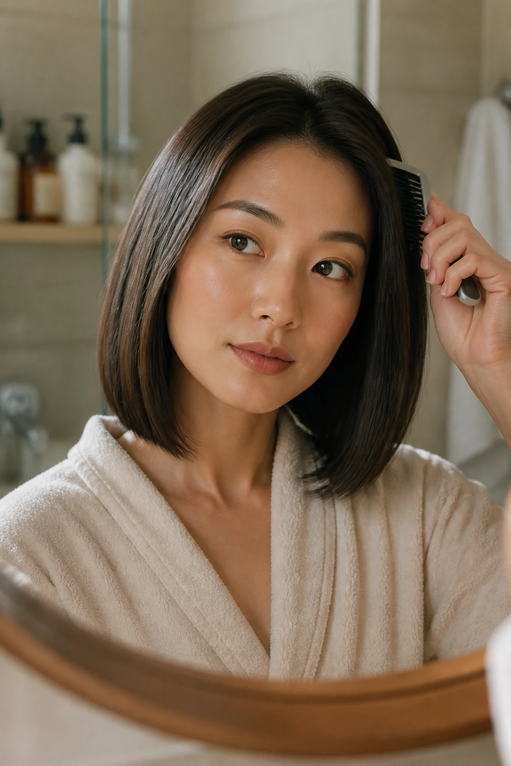 Portrait of a real person with a collarbone-length bob maintained between salon visits in a warm bathroom