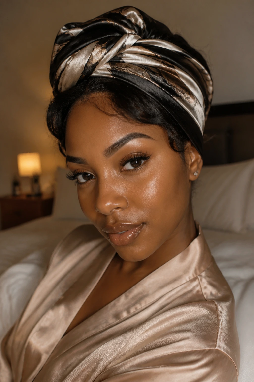 Close-up of a real woman wrapping a silk scarf around her blowout bob for night-time maintenance.