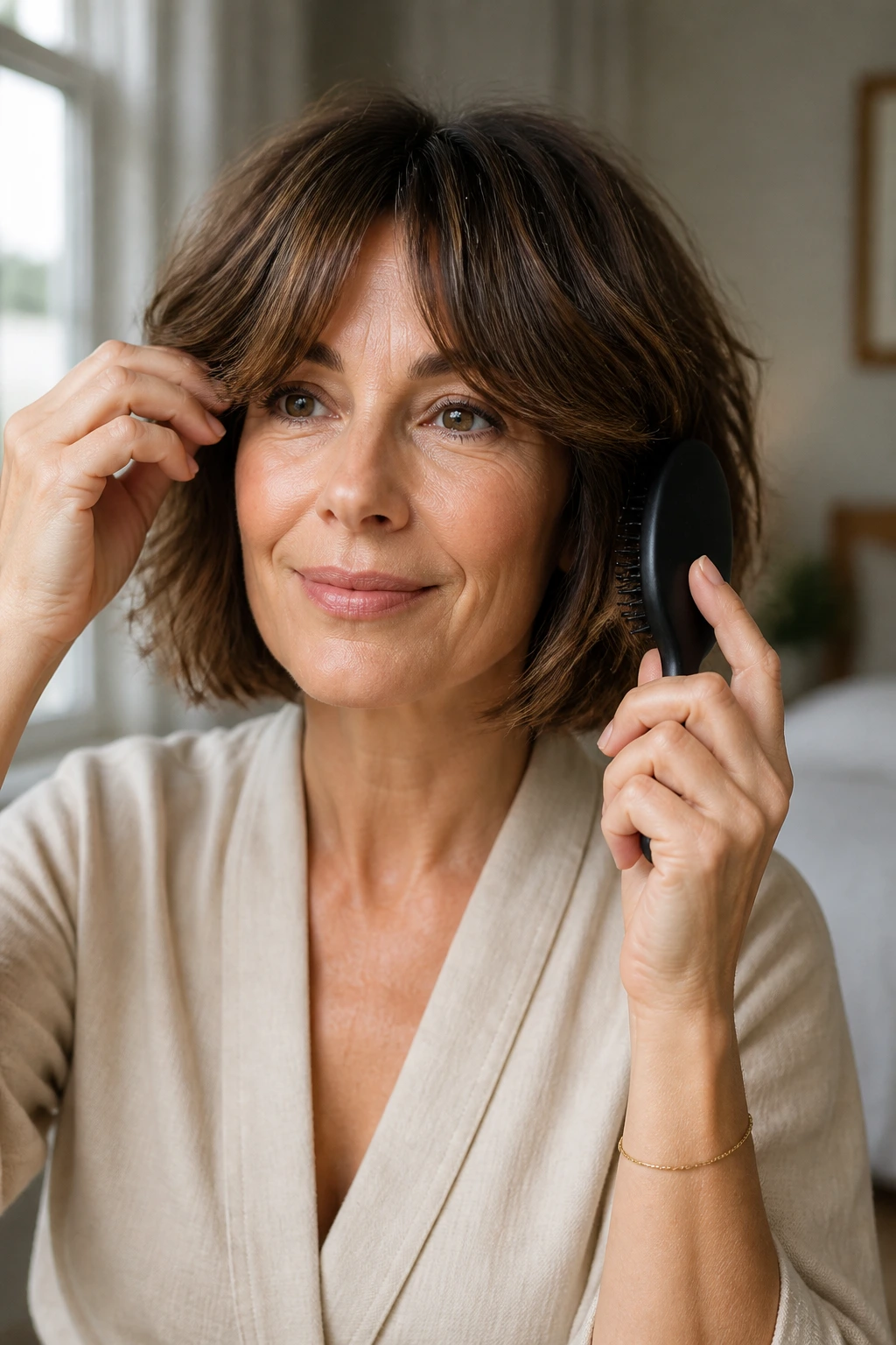 Close-up of a woman with a crisp bob and curtain bangs maintained between trims