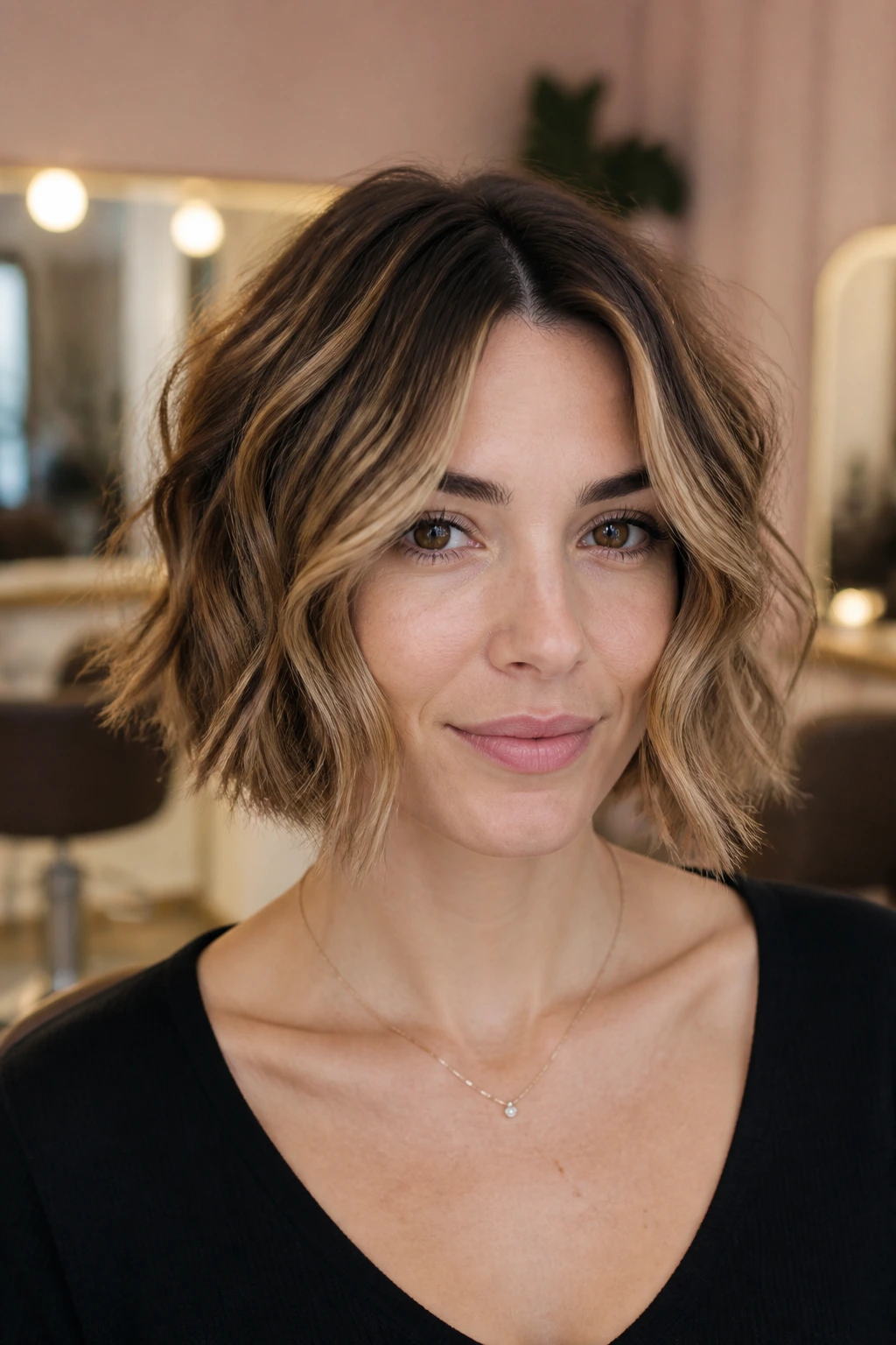 Close-up of a woman with a sharp jaw-length wavy bob showing crisp shape between trims