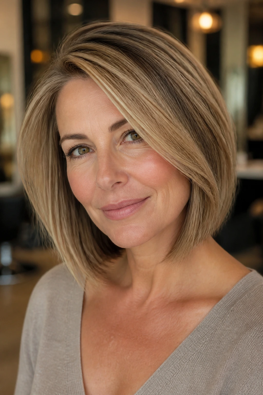 Portrait of a woman with shoulder-length bob showing a mood-changing variation without changing bone structure