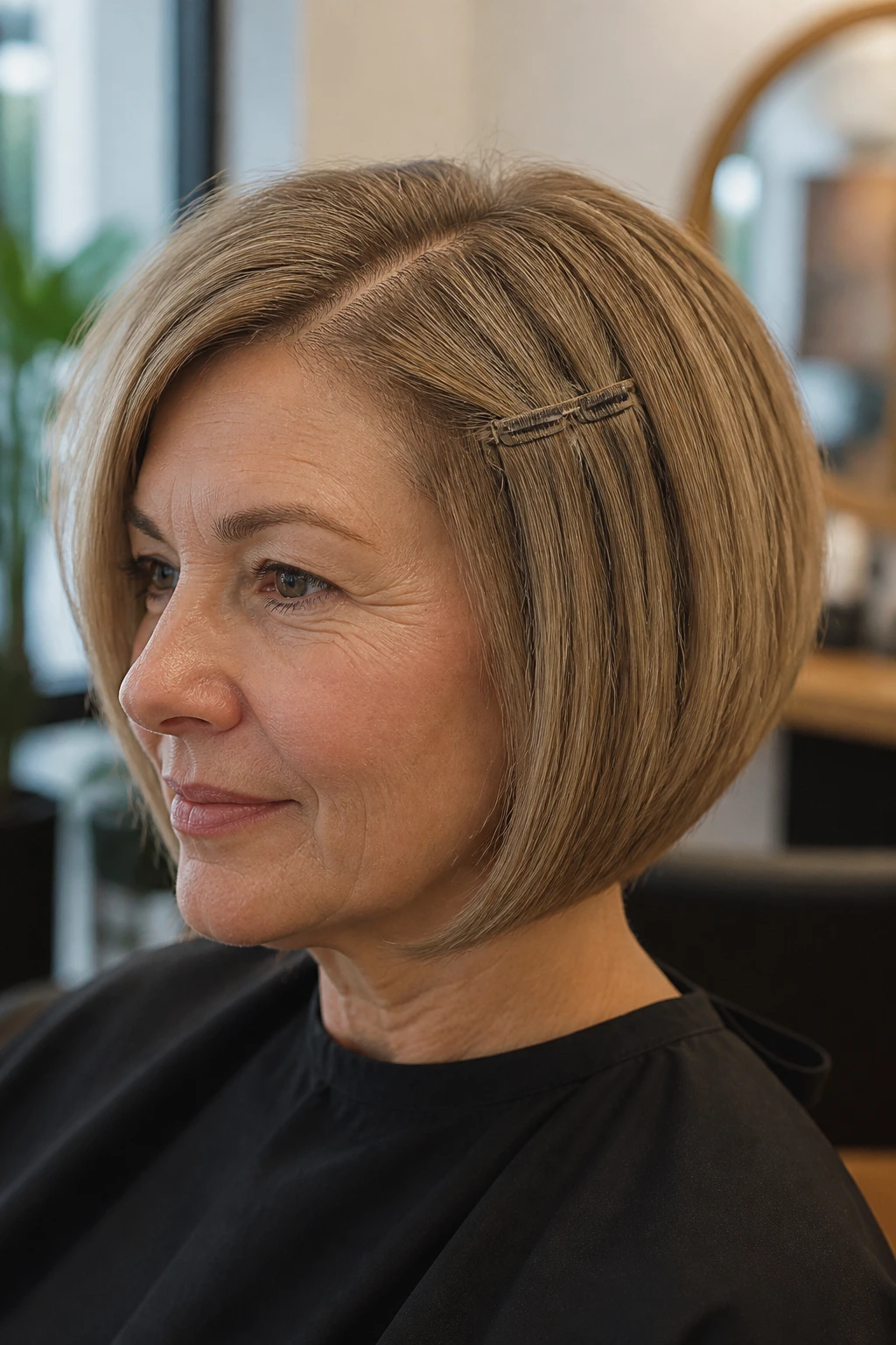 Real woman with a bob hairstyle and perimeter fillers for thicker outer edge