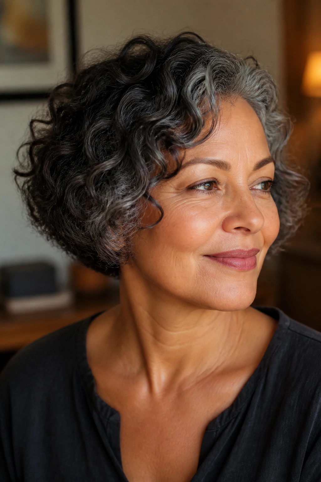 Close-up of a real 50+ woman with a bob-pixie hybrid haircut showing texture