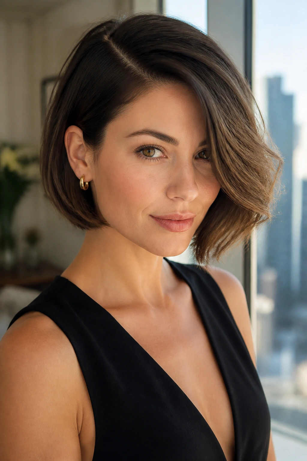 Close-up of a woman with a deep side-swept bob in daylight window light