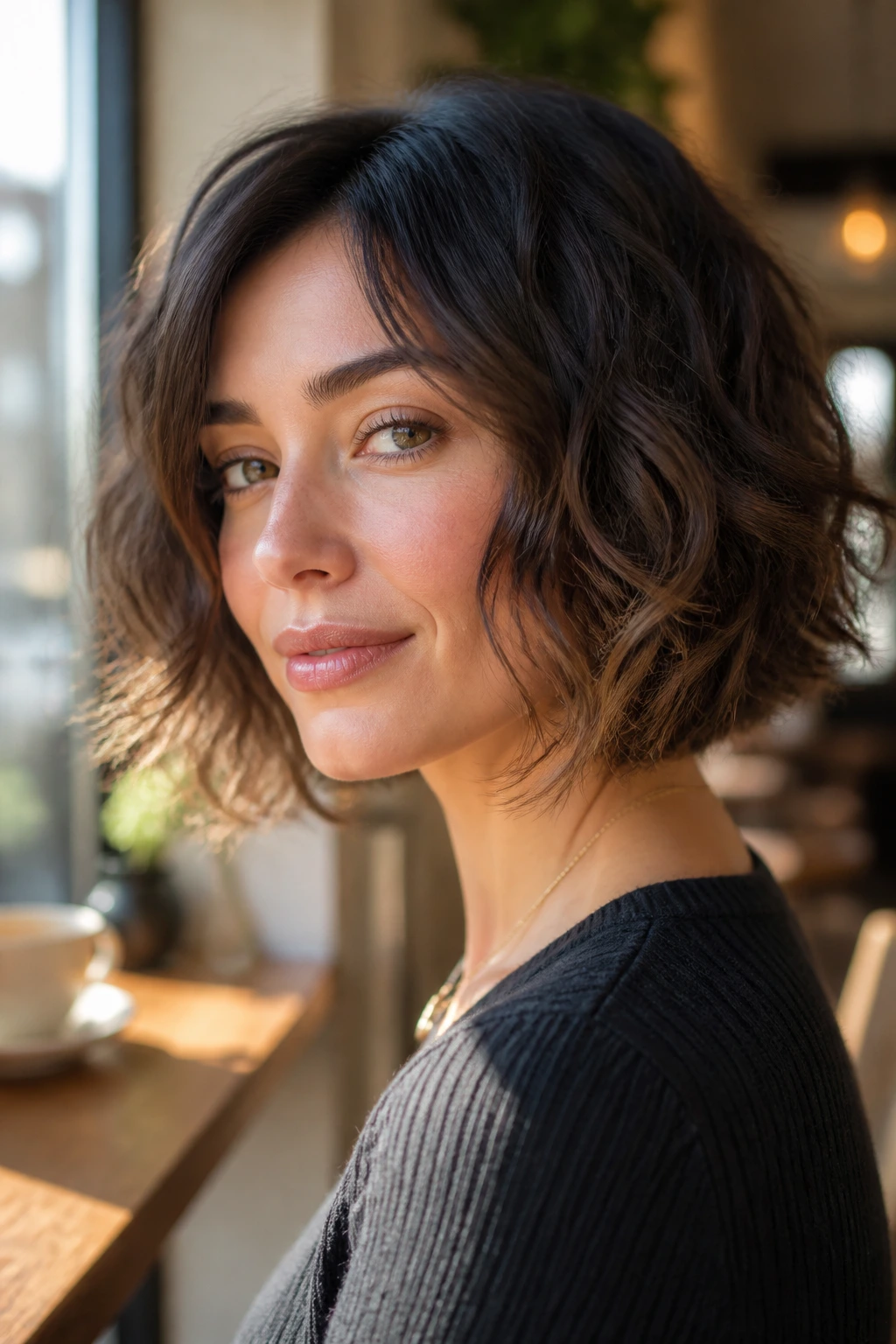 Close-up portrait of a real woman with soft razor-ended bob.