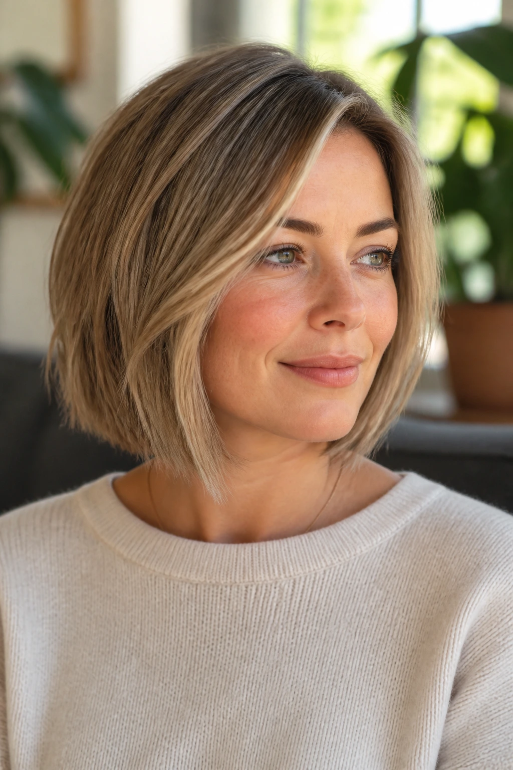 Close-up of a real woman with a flattering bob illustrating perimeter and lift for round faces with fine hair